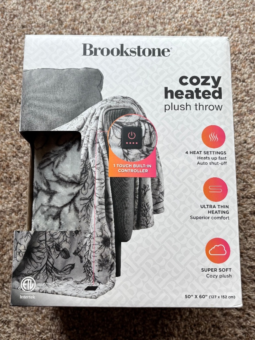 Brookstone Cozy Heated Plush Throw 50"x60" Gray Floral Print NWT